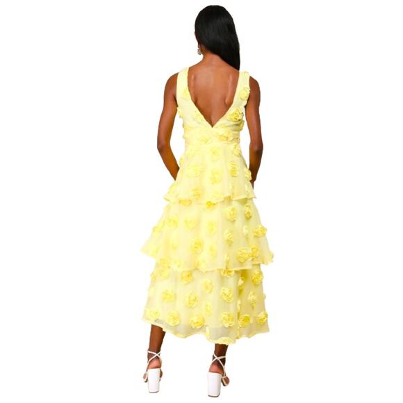 Lulus Yellow Sleeveless Tiered Exceptional Entrance Rosette Midi Dress Size L - Picture 9 of 11